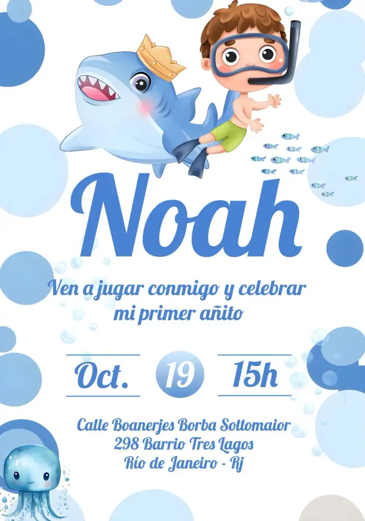 Invitación Fondo Del Mar Pulpo – tema Cumpleaños Infantil fondo marino, acuarela, tonos azules, elementos marinos, ilustraciones lúdicas, divertido