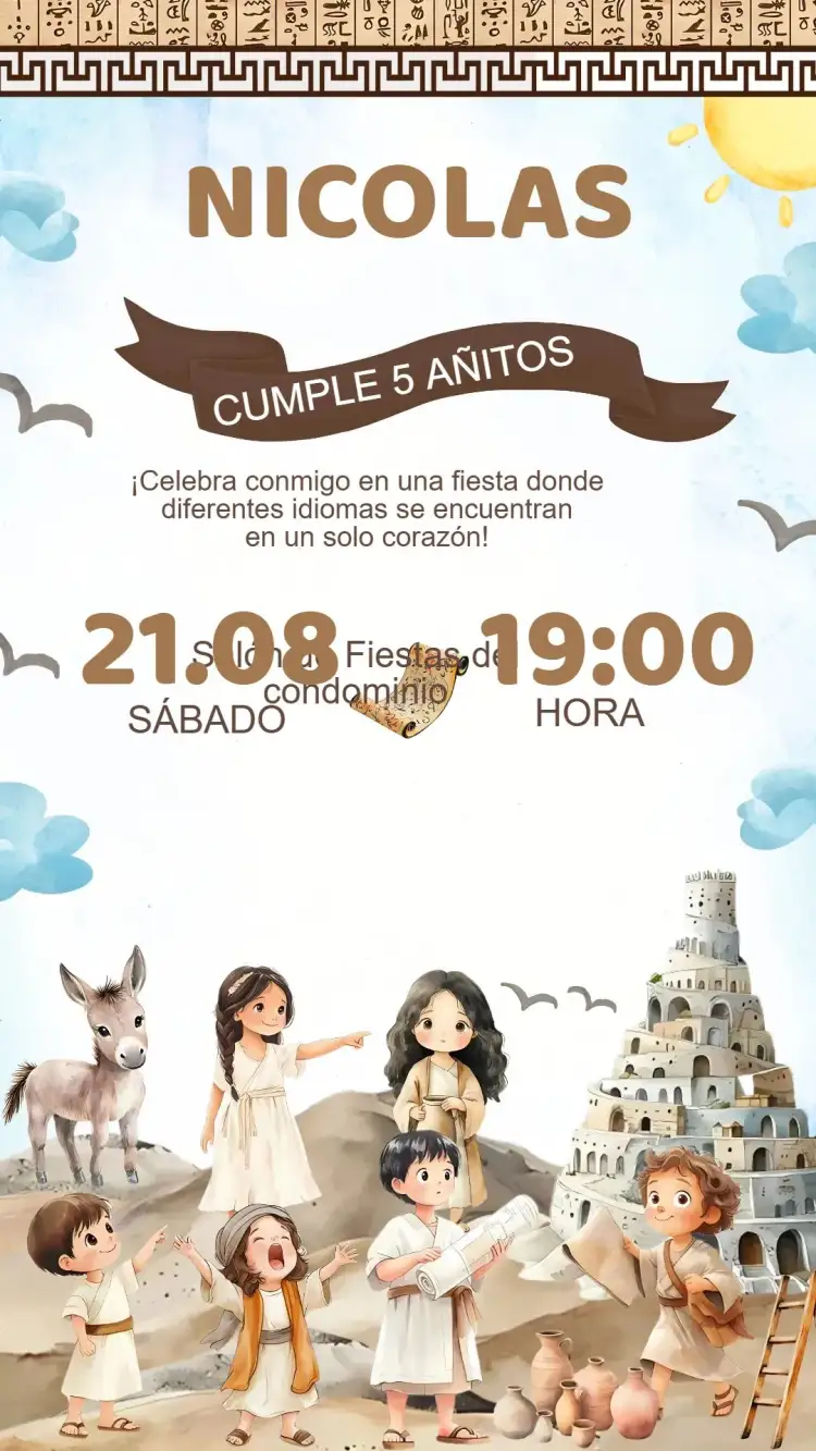 Invitación Invitación Cumpleaños Torre de Babel – tema Cumpleaños Infantil colorido, divertido, infantil, lúdico, moderno