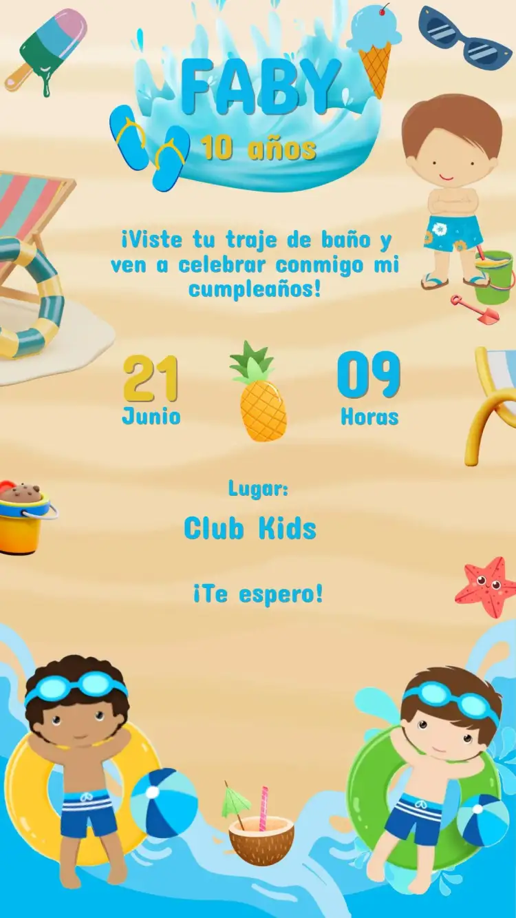 Invitación Invitación Digital Fiesta de Cumpleaños Pool Party – tema Cumpleaños Infantil colorido, tropical, divertido, aqua, moderno, joven