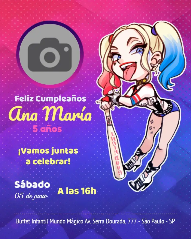 Invitación Arlequina Con Foto Harley