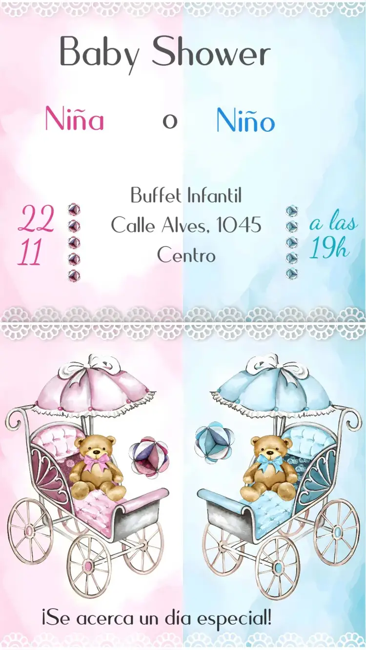 Invitación Fiesta de Revelación de Género – tema Revelación Bebé moderno, colorido, minimalista, gráfico, festivo, delicado