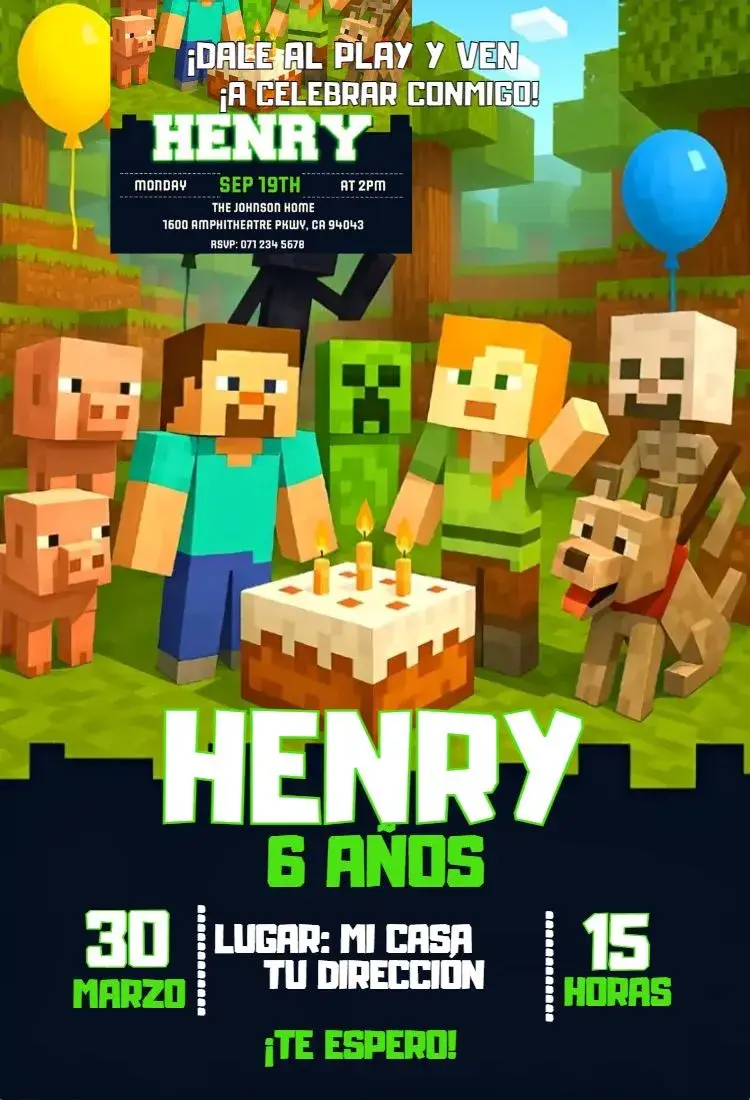Invitación Minecraft 3 editable y personalizable