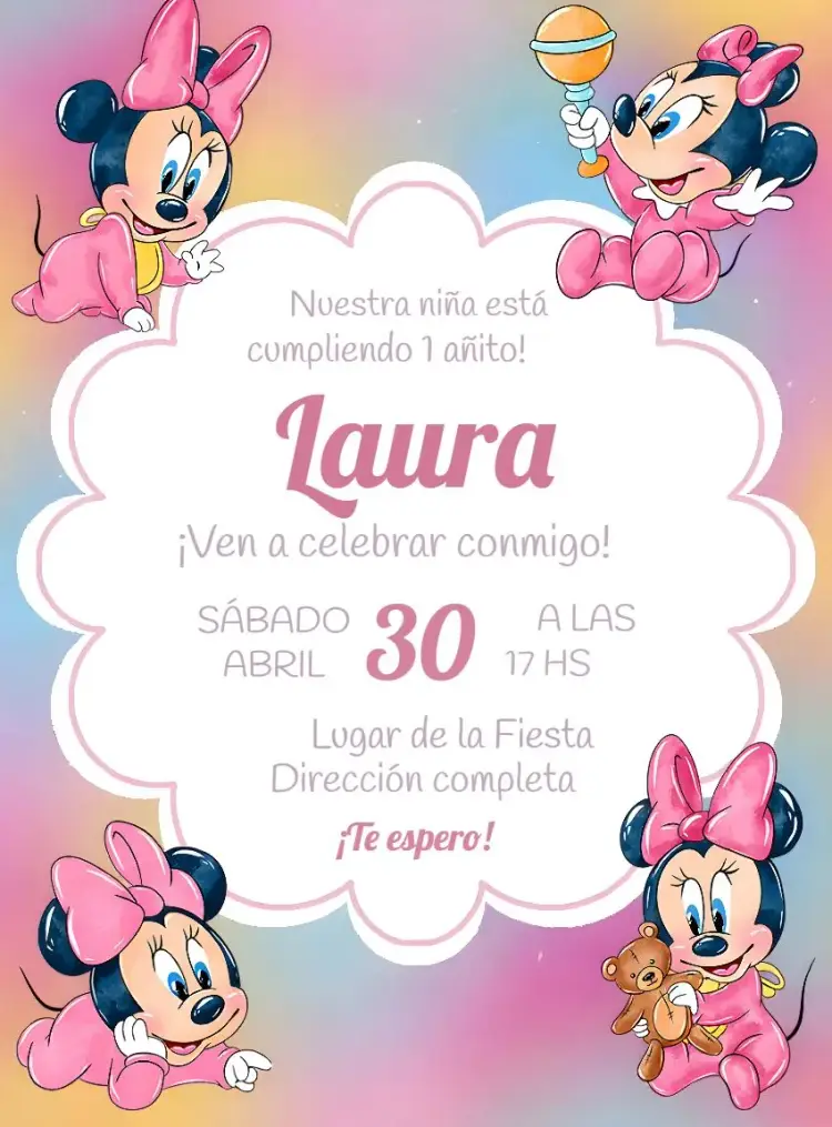 Invitación Minnie Mouse Bebé Rosa
