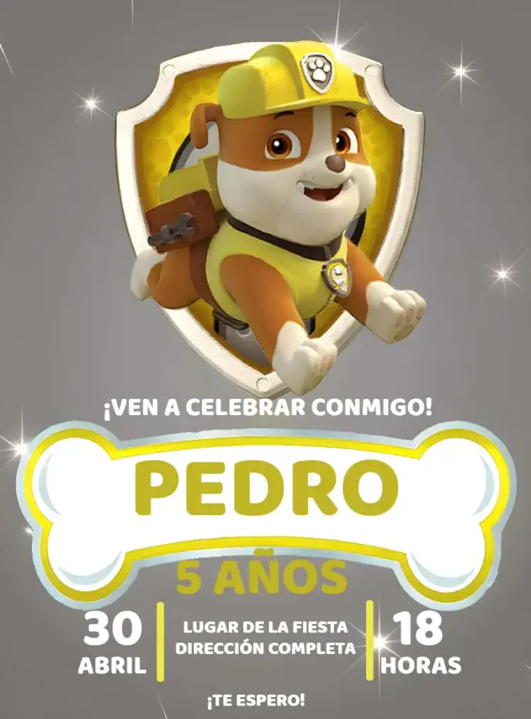 Invitación Patrulla Canina Rumble Rojo – tema Cumpleaños Infantil rojo, gris, temática infantil, personajes de la Patrulla Canina, estilo animado, diseño colorido