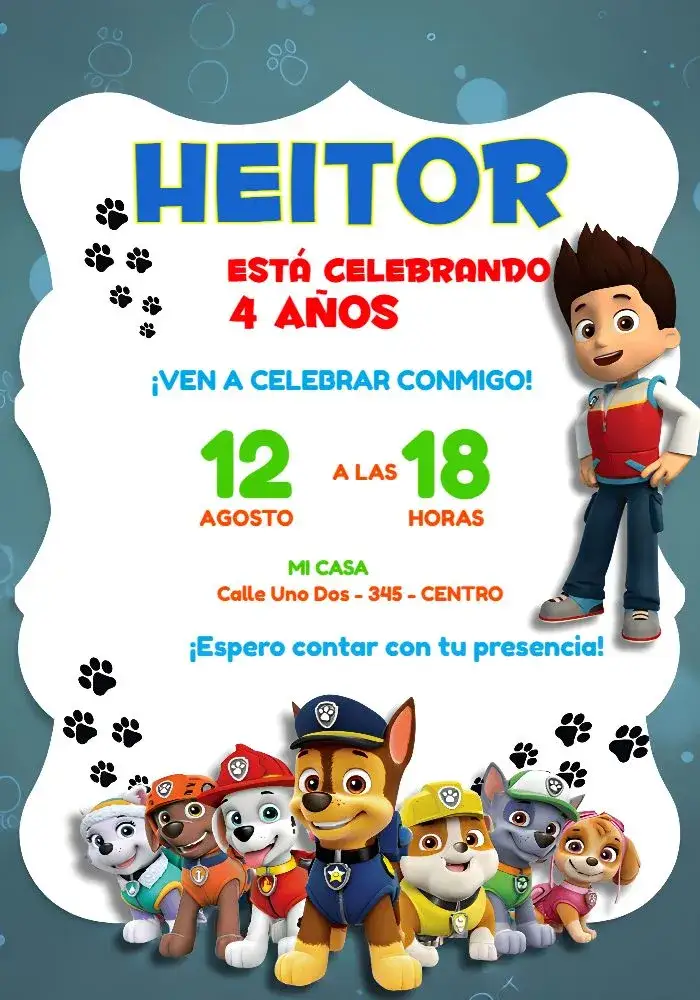 Invitación Patrulla Canina Azul – tema Cumpleaños Infantil azul, infantil, divertido, temático, colorido, animado