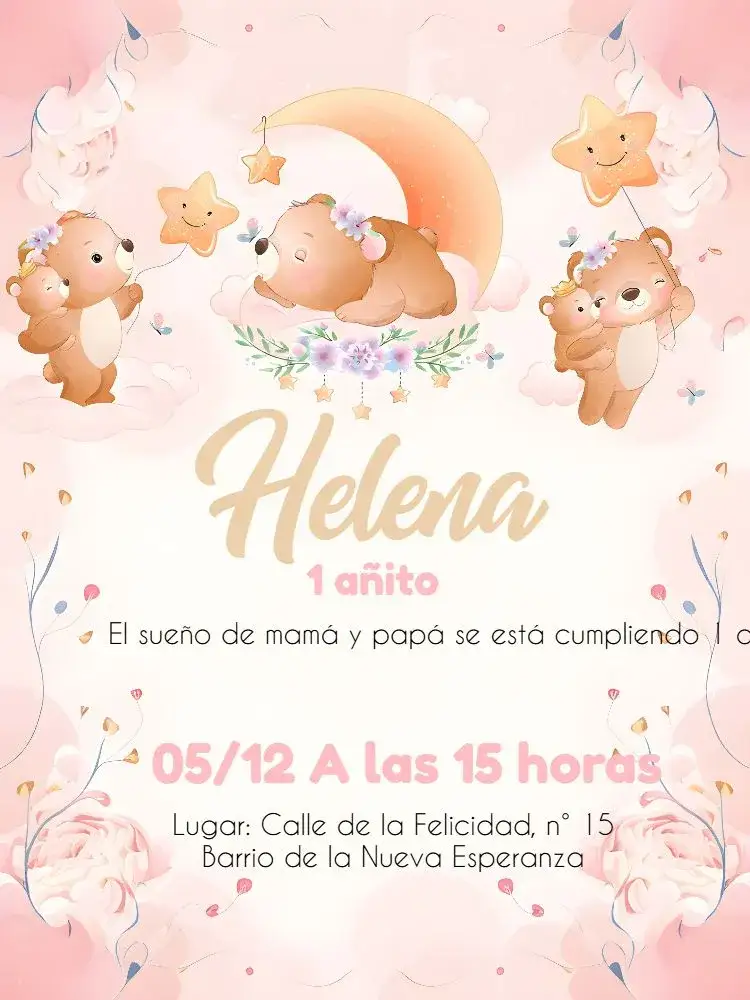 Invitación Osito Floral Rosa – tema Fechas Conmemorativas floral, acuarela, infantil, rosa, lila, delicado