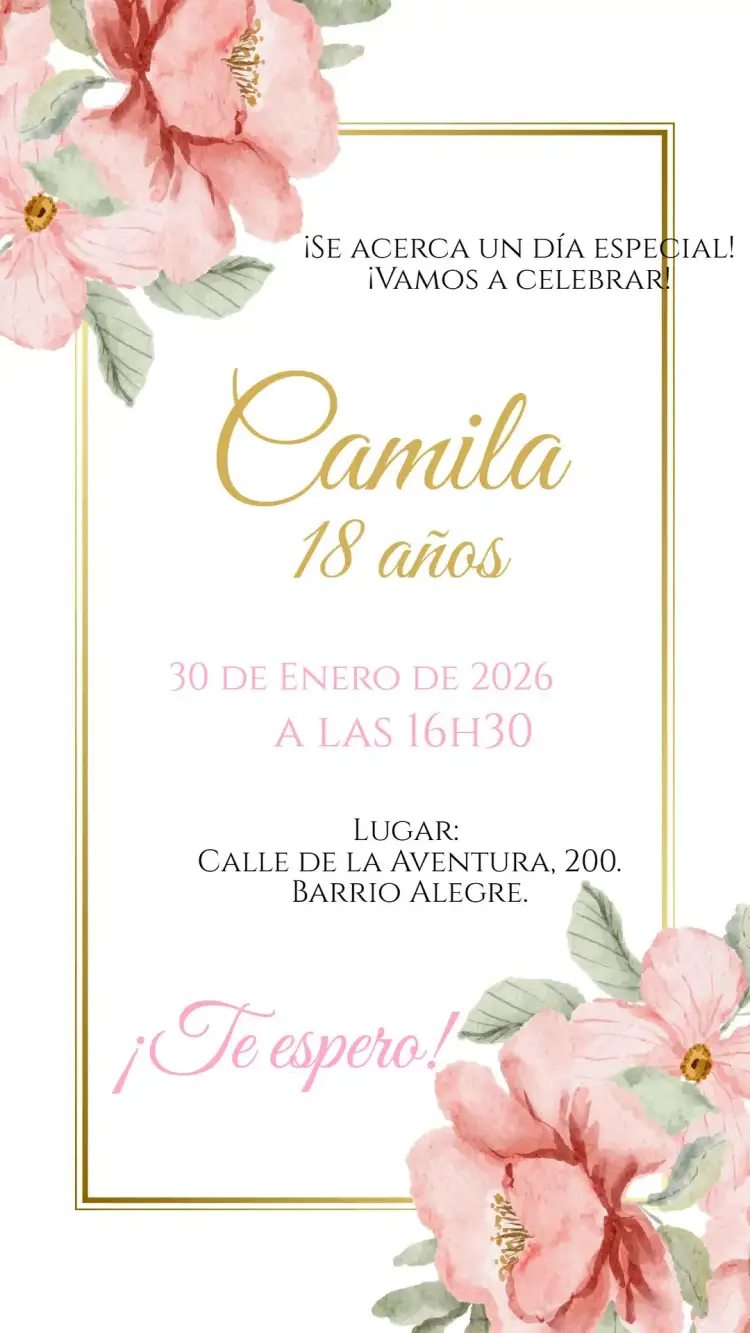 Invitación Invitación digital floral rosa y dorado – tema Cumpleaños floral, rosa, dorado, delicado, moderno, acuarela