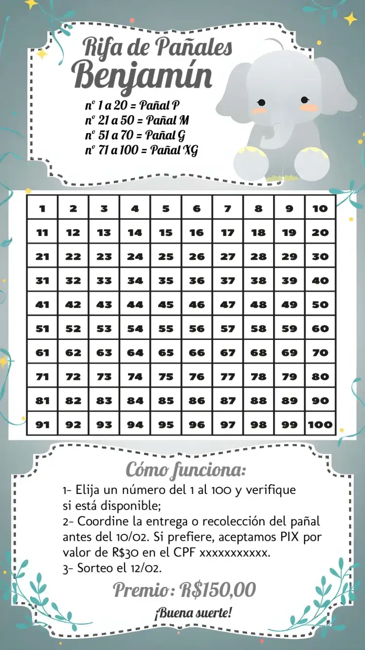 Invitación Chá Rifa Elefantito Estrella – tema Té Rifa gris y blanco, tierno, infantil, moderno, celebración, estrellas