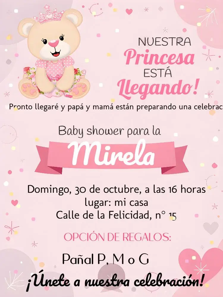 Invitación Baby Shower Osito Princesa Blanco