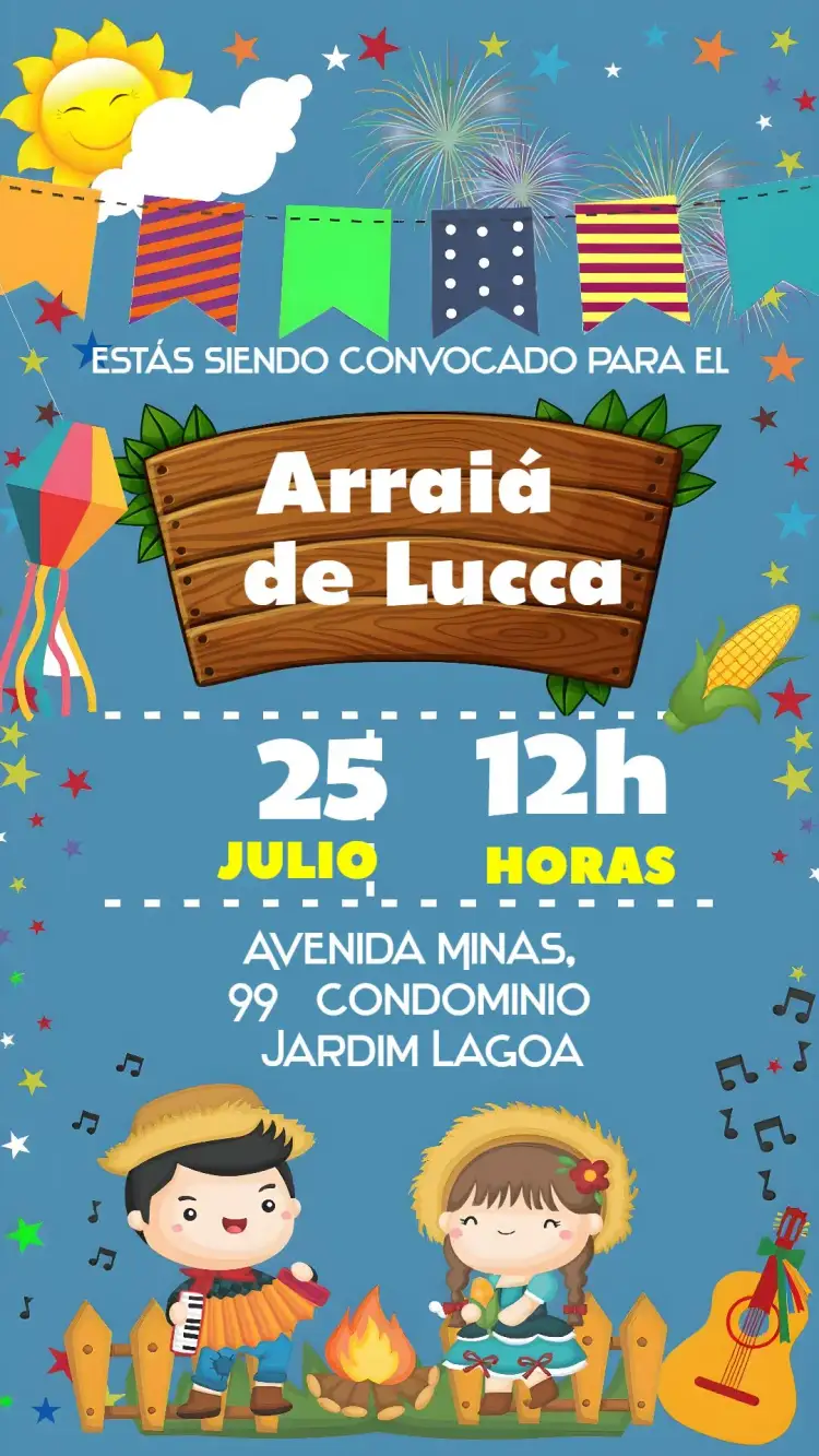 Invitación Invitación Fiesta Junina Arraiá – tema Fechas Conmemorativas colorido, vintage, rústico, festivo, tradicional, alegre