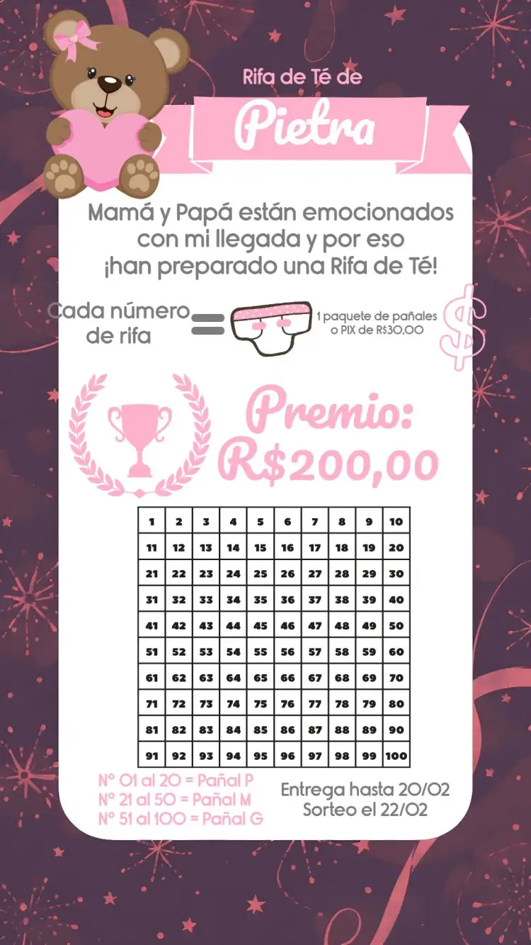 Invitación Chá Rifa Osita Princesa Bebé – tema Té Rifa delicado, infantil, pastel, lúdico, princesa, ursinha