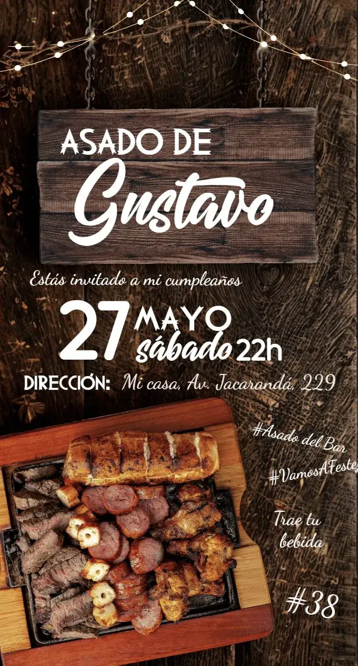 Invitación Churrasco Boteco – tema Cumpleaños marrón, rústico, desenfadado, vintage, elegante