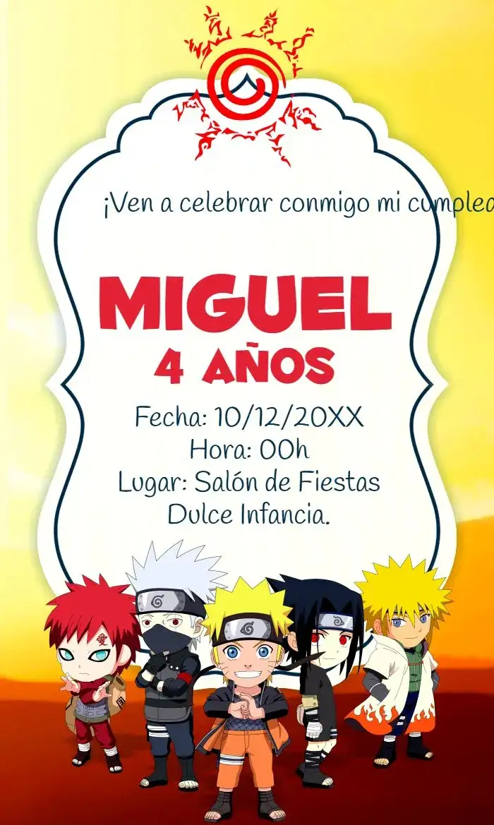 Invitación Naruto Sakura – tema Cumpleaños Infantil ninja, anime, colorido, moderno, vibrante, divertido