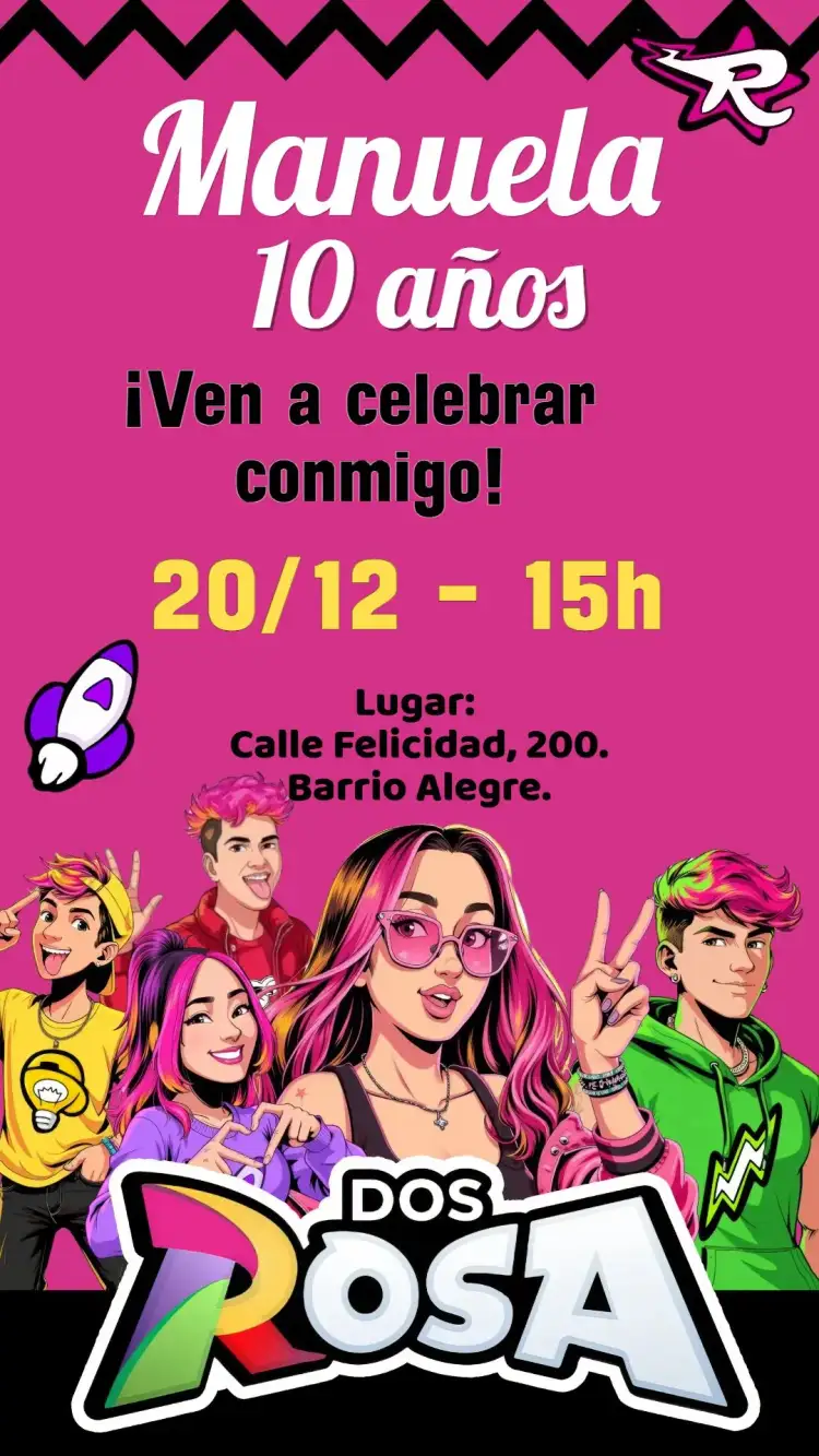 Invitación Invitación digital Dos Rosa - Emilly Vick – tema Cumpleaños Infantil floral, colorido, lúdico, infantil, moderno, divertido