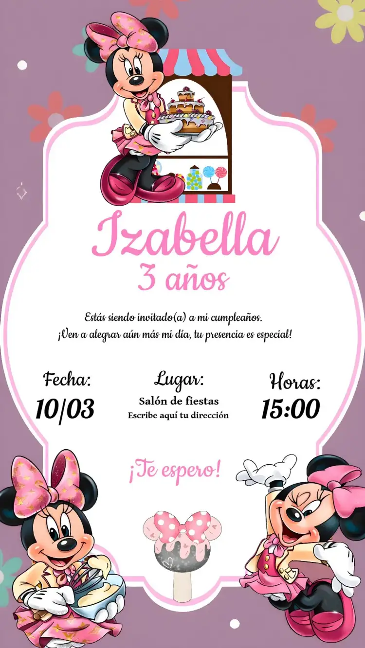 Invitación Pastelería de Minnie Mouse Rosa – tema Más buscados rosa, acuarela, infantil, temático, divertido, delicado