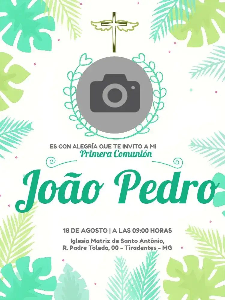 Invitación Primera Comunión Con Foto de Ángel – tema Primera Comunión verde, ángeles, vegetación, delicado, sagrado, infantil
