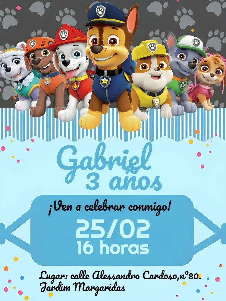 Invitación Patrulla Canina Marshall – tema Cumpleaños Infantil azul, blanco, negro, divertido, temático