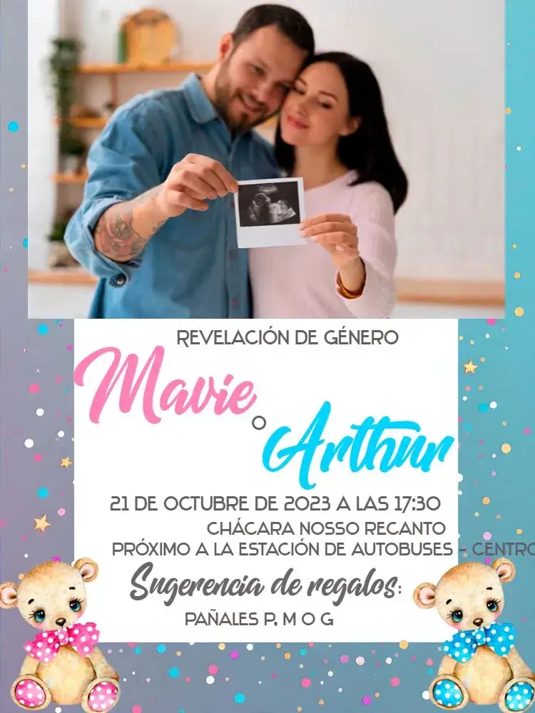 Invitación Chá de Revelación Ositos Con Foto Bebé – tema Cumpleaños Infantil adorables, colorido, moderno, infantil, alegre, divertido