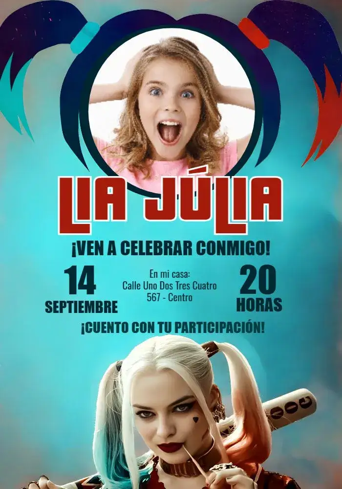 Invitación Arlequina Con Foto Cómics – tema Cumpleaños Infantil cómics, colores vibrantes, moderno, divertido, temática de superhéroes, estilo pop art