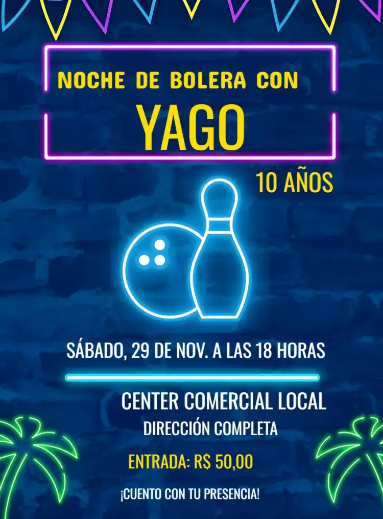 Invitación Boliche Neon Noche – tema Más buscados neón, moderno, divertido, colorido, joven, festivo