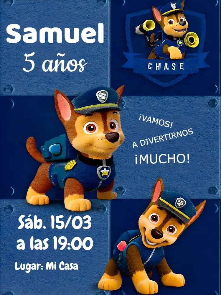 Invitación Chase Patrulha Canina Patrol – tema Cumpleaños Infantil azul, divertido, infantil, temático, colorido, animado