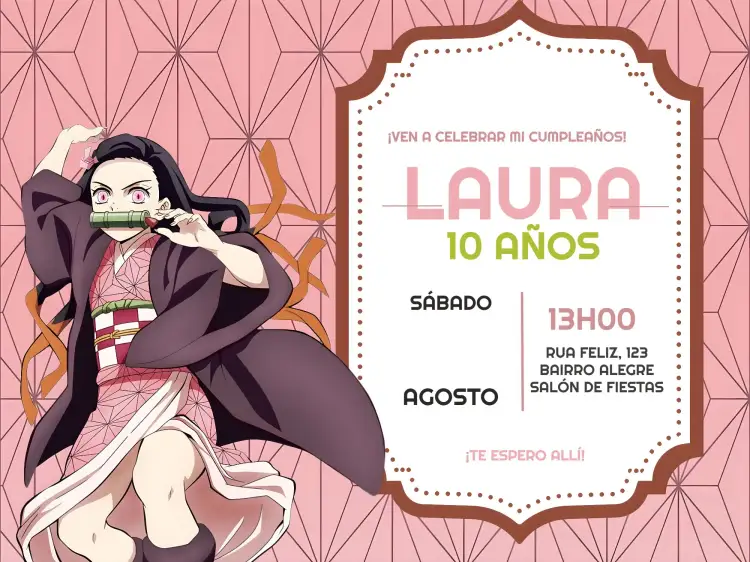 Invitación Nezuko Yaiba – tema Cumpleaños Infantil anime, japonés tradicional, personaje
