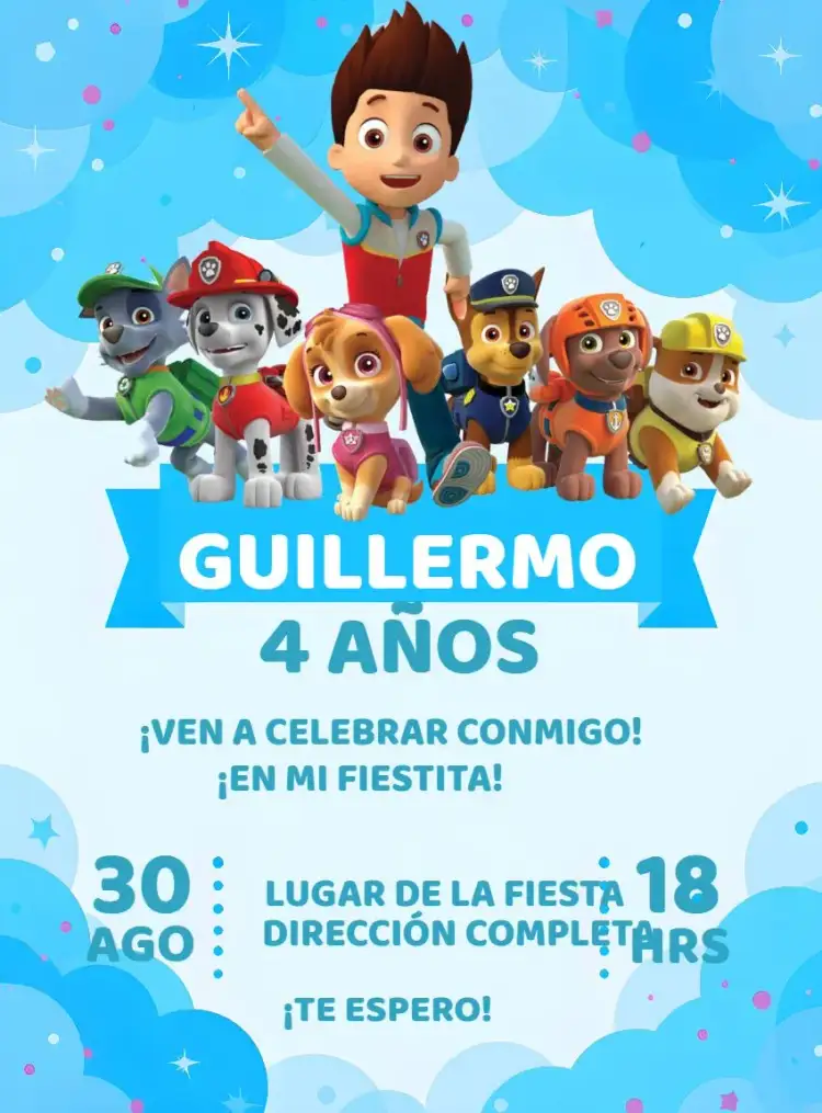 Invitación Patrulla Canina Azul – tema Cumpleaños Infantil azul, divertido, aventura, temático, infantil, colorido