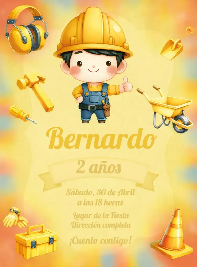 Invitación Construcción Pá – tema Té Rifa construcción, amarillo vibrante, elementos gráficos, divertido, temático, moderno