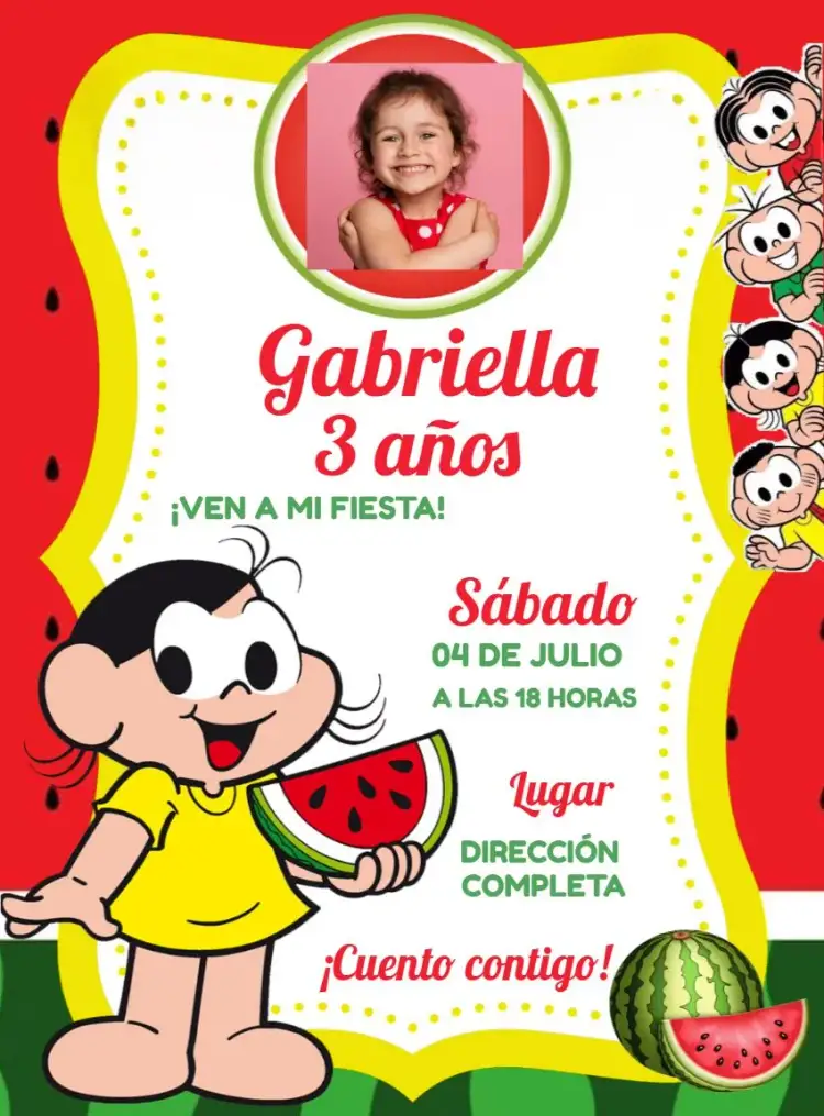 Invitación Magali Turma De Mónica Con Foto Sandía – tema Cumpleaños Infantil colorido, divertido, infantil, personajes, frutas, jocoso
