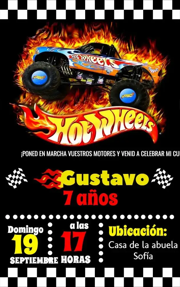 Invitación Fiesta Hot Wheels – tema Más buscados colores vibrantes, estilo moderno, elementos gráficos de coches, tema de carreras, diseño infantil, detalles en verde y azul
