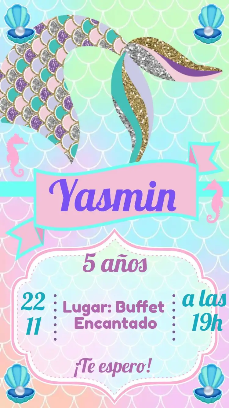 Invitación Sirena – tema Cumpleaños Infantil azul marino, colorido, lúdico, subacuático, de fantasía, mágico