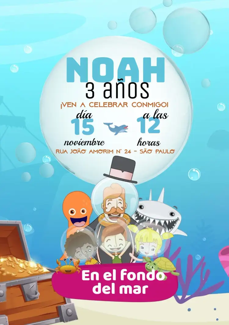 Invitación Mundo Bita Fondo Del Mar Burbujas – tema Cumpleaños Infantil fondo marino, burbujas, vibrante, infantil, colorido, divertido