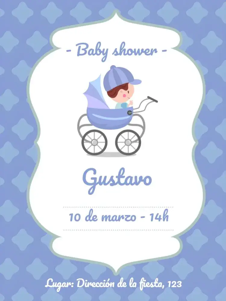 Invitación Baby Shower Azul - Niño Bebé – tema Baby Shower azul claro, cochecito de bebé, divertido, moderno, infantil