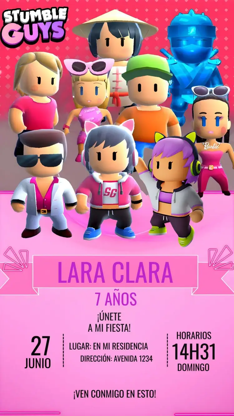 Invitación Stumble Guys Rosa Chica editable y personalizable
