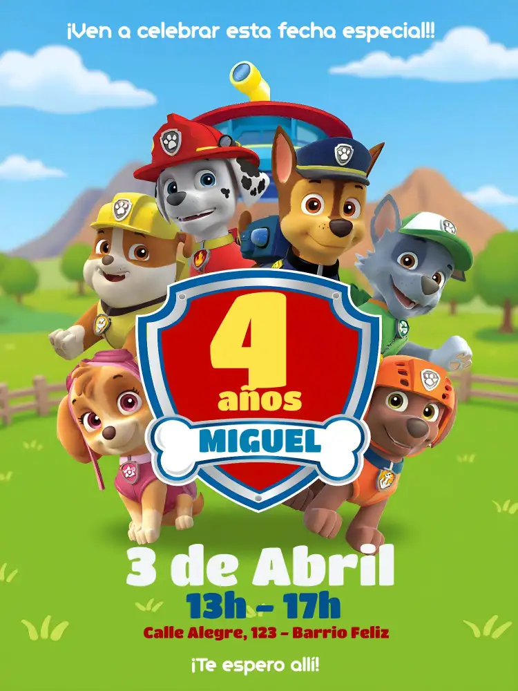 Invitación De la Patrulla Canina Azul – tema Cumpleaños Infantil colorido, divertido, infantil, temático, moderno