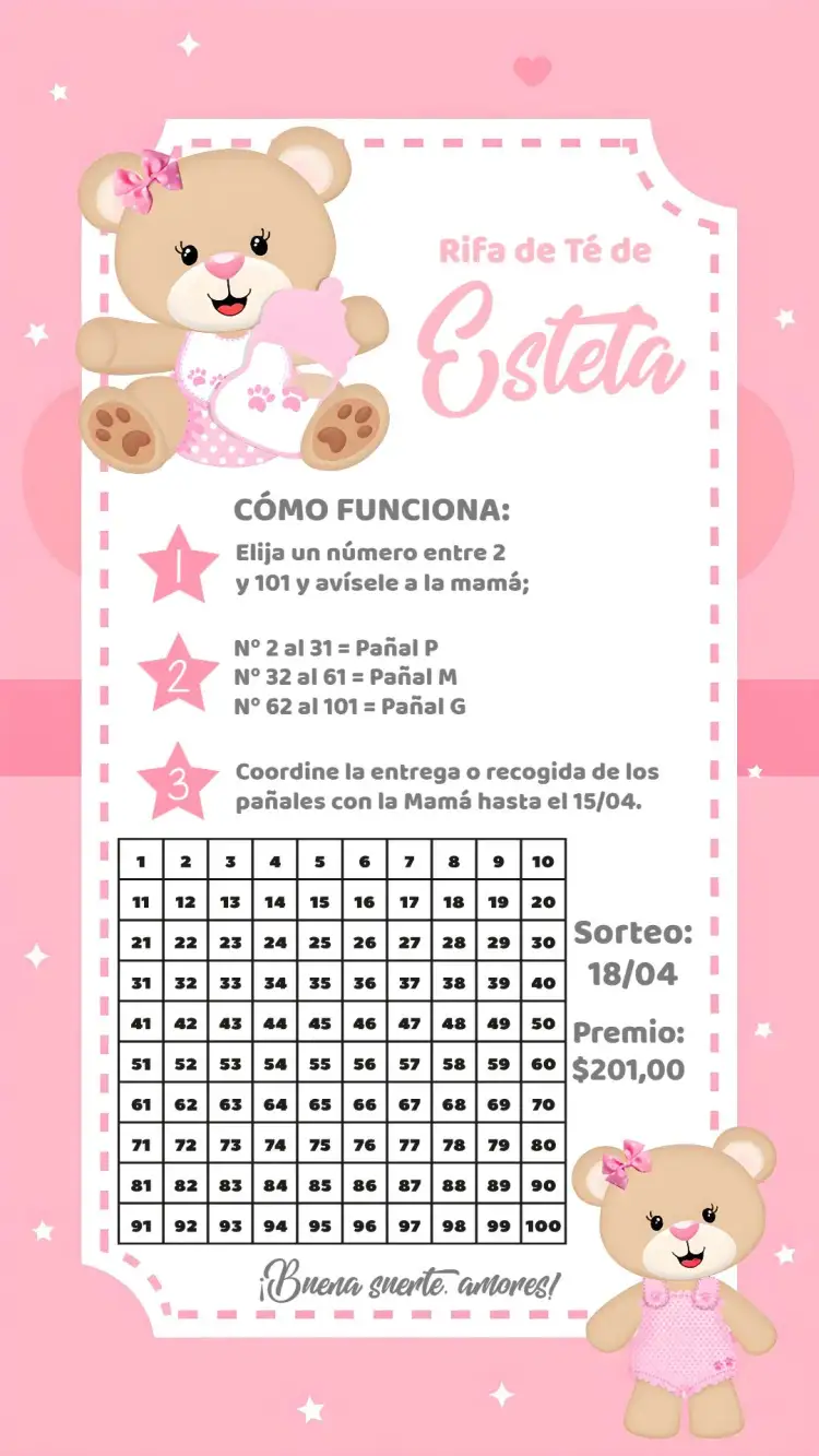 Invitación Té Rifa Osita Princesa – tema Té Rifa rosa, blanco, tierno, infantil, delicado, divertido
