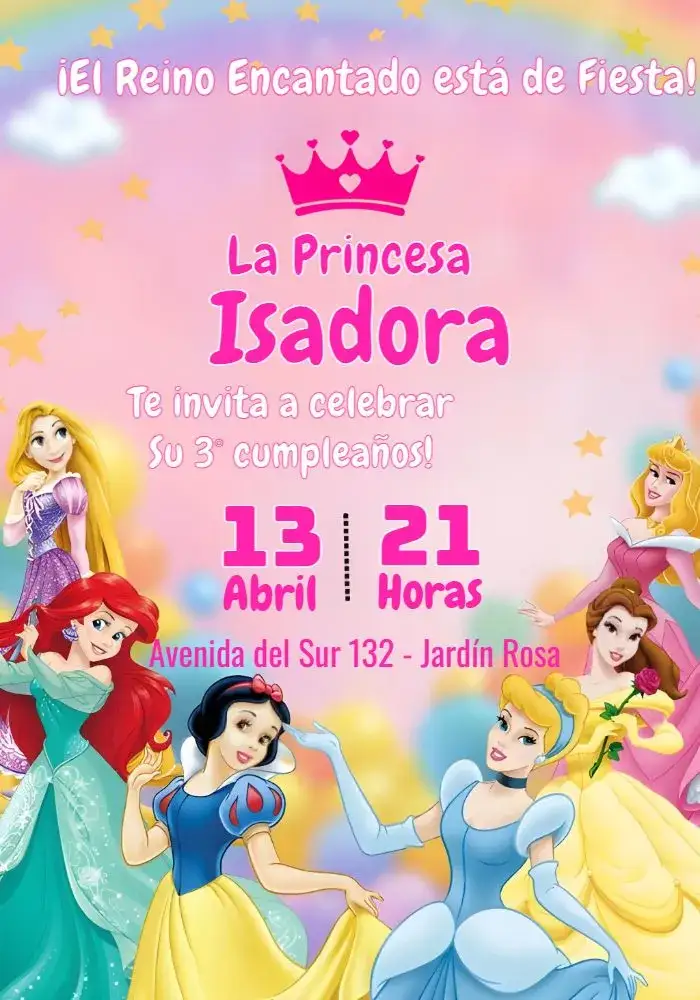Invitación Princesas Disney – tema Más buscados rosa, divertido, mágico, colorido, infantil