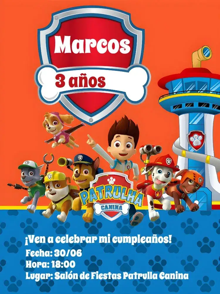 Invitación Patrulla Canina Infantil – tema Más buscados colorido, divertido, infantil, temático, animado