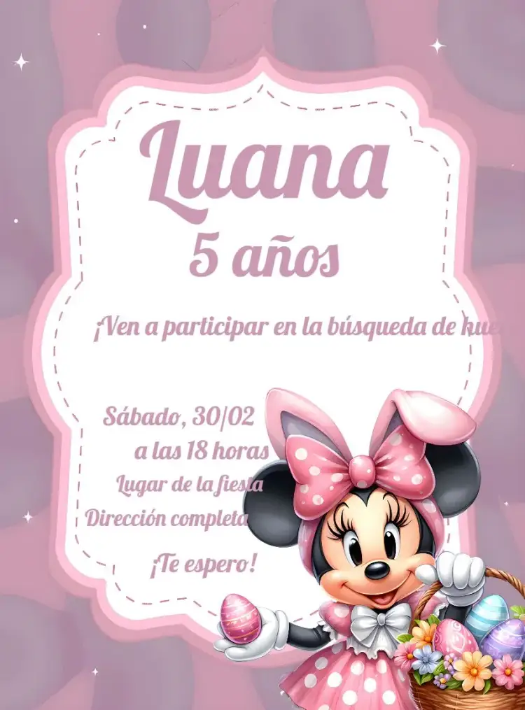 Invitación Pascua Minnie Mouse Disney – tema Fechas Conmemorativas rosa, infantil, disney, pascua, colorido