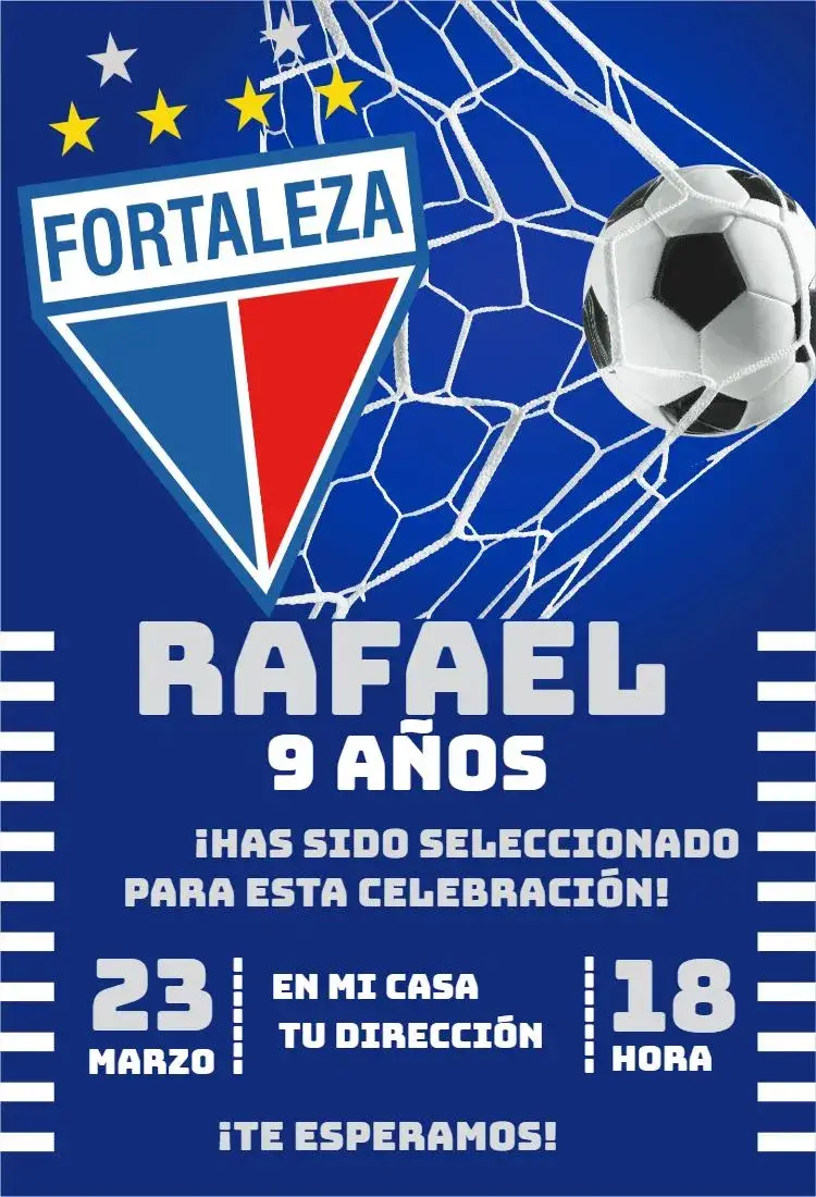 Invitación Fortaleza 2 – tema Cumpleaños fútbol, moderno, colorido, deportivo, divertido