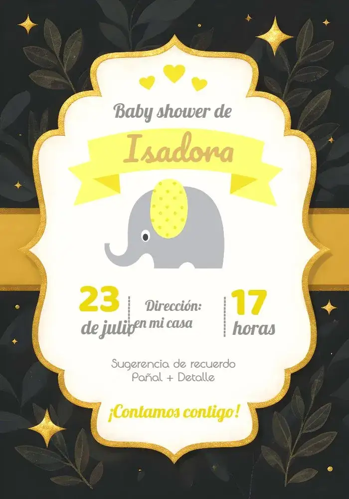 Invitación Baby Shower Elefantito Amarillo Gris – tema Despedida de Soltera elefantito, amarillo y gris, moderno, infantil, ilustraciones adorables, minimalista