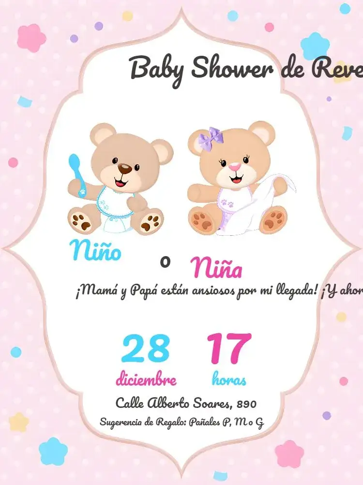Invitación Chá Revelación Ositos Niña – tema Revelación Bebé rosa y azul, lúdico, adorable, moderno, infantil, divertido