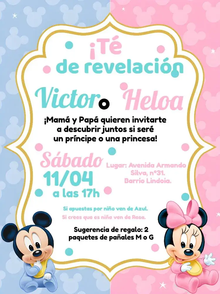 Invitación Chá Revelación Minnie Y Mickey Baby Niño – tema Revelación Bebé colorido, infantil, lúdico, moderno, divertido