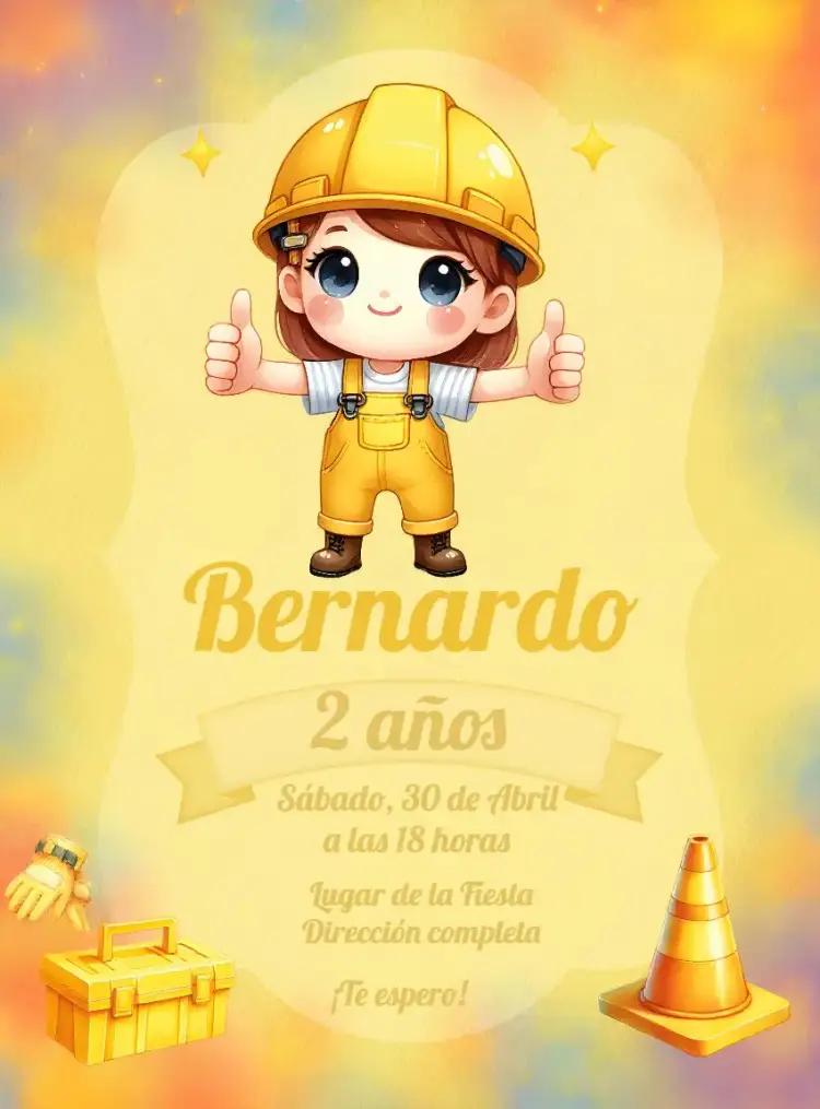 Invitación Construcción Amarillo – tema Té Rifa amarillo, construcción, divertido, infantil, fiesta temática, juguetón
