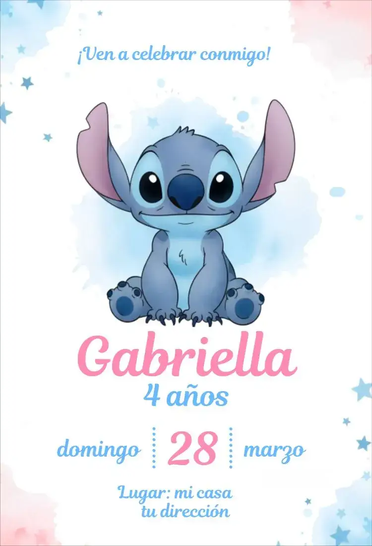 Invitación Stitch 1 – tema Cumpleaños neutro, azul, rosa, lúdico, divertido, temático