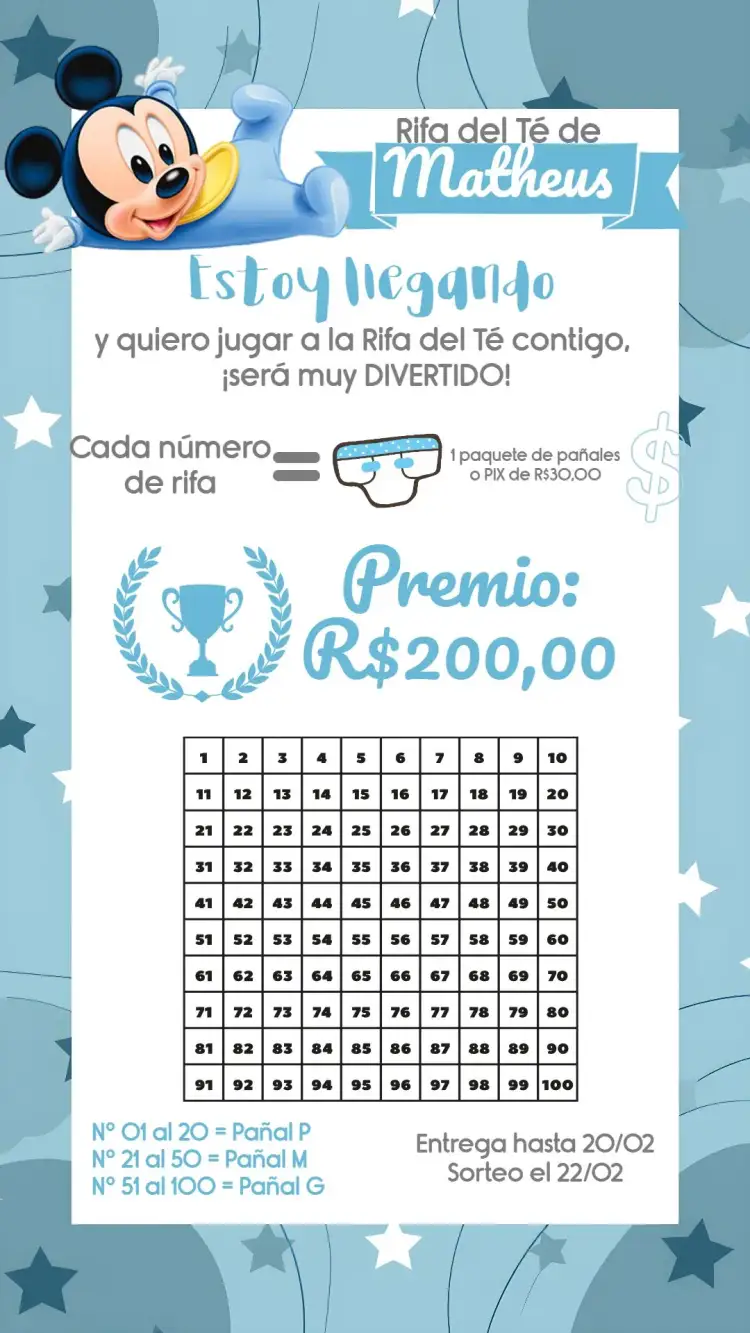 Invitación Chá Rifa Mickey Mouse Bebé – tema Té Rifa azul, blanco, infantil, temático, lúdico, divertido