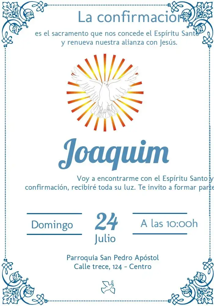 Invitación Confirmación Espíritu Santo Bautismo – tema Primera Comunión azul, religioso, minimalista, moderno, elegante, divino