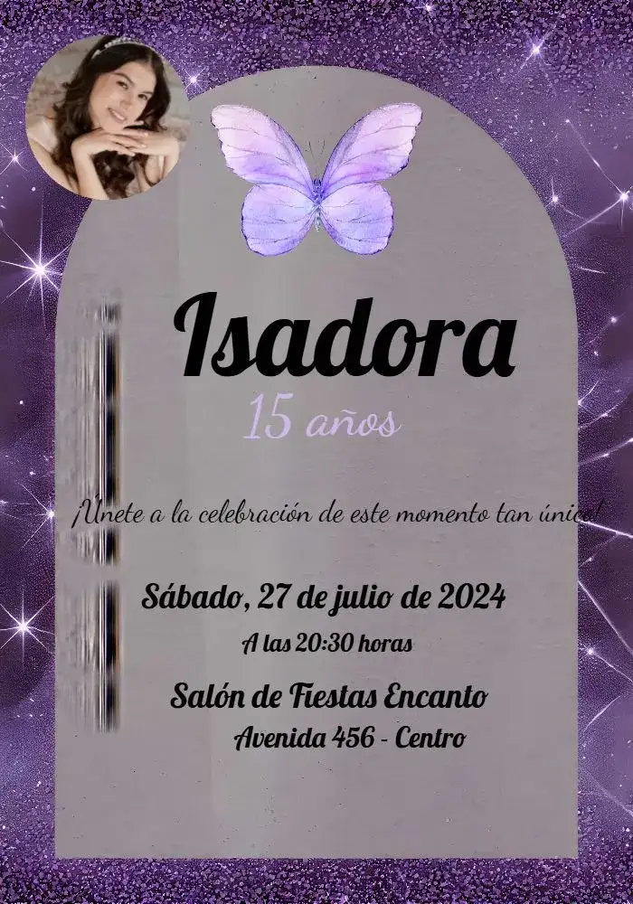 Invitación 15 Años Lila Con Foto Adulto – tema Cumpleaños lila, negro, purpurina, lujo, elegante, moderno