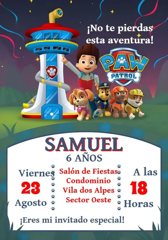 Invitación Patrulla Canina Colorido – tema Cumpleaños Infantil colorido, divertido, infantil, personajes animados, temática de aventura, estilo moderno