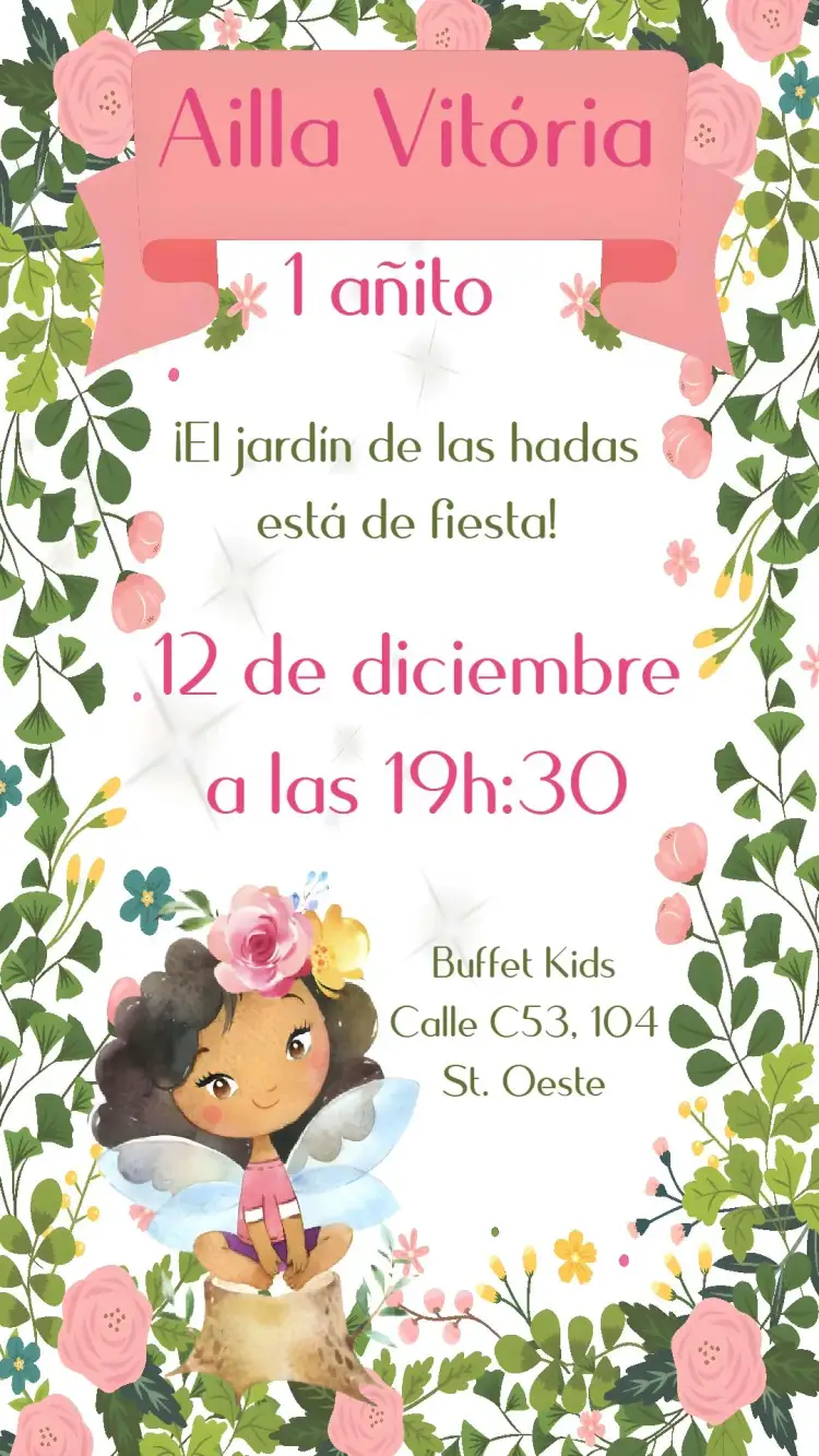 Invitación Jardín de las Hadas – tema Cumpleaños Infantil floral, mágico, colorido, delicado, fantasía, naturaleza